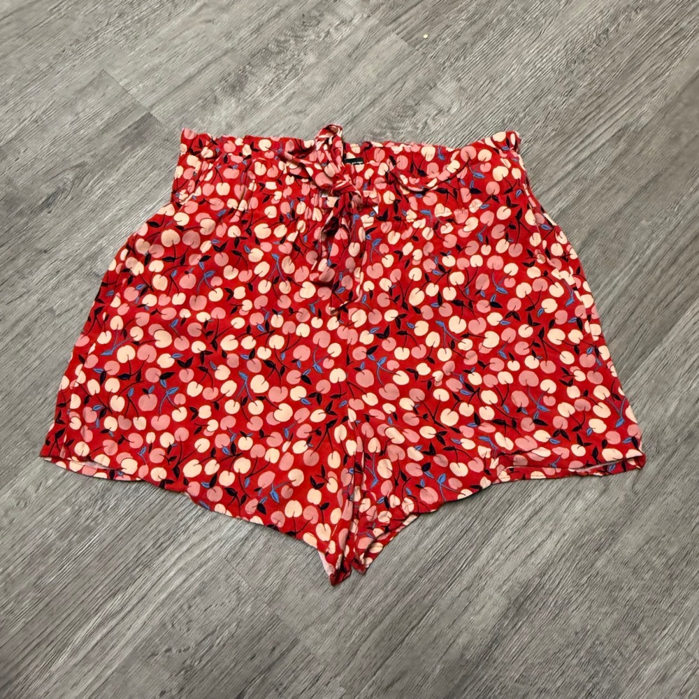 Loft Red Peach Print Paperbag Waist Shorts Womens Small Elastic Tie Waist Pocket